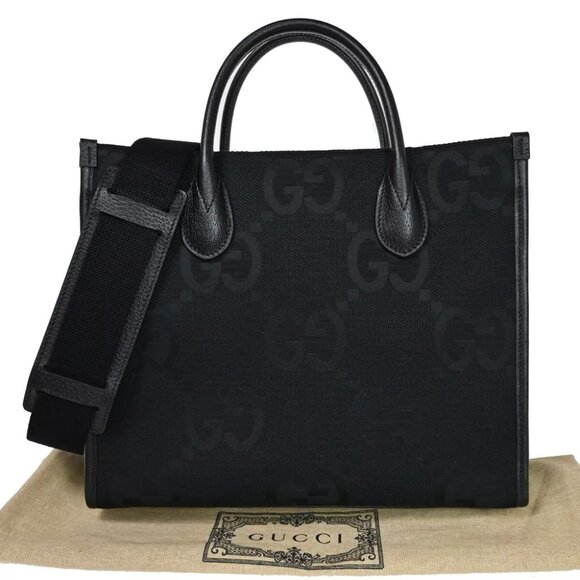GUCCI Jumbo GG 2Way Shoulder Hand Bag Canvas Leather Black Sliver Italy 369RJ457 - Picture 1 of 7